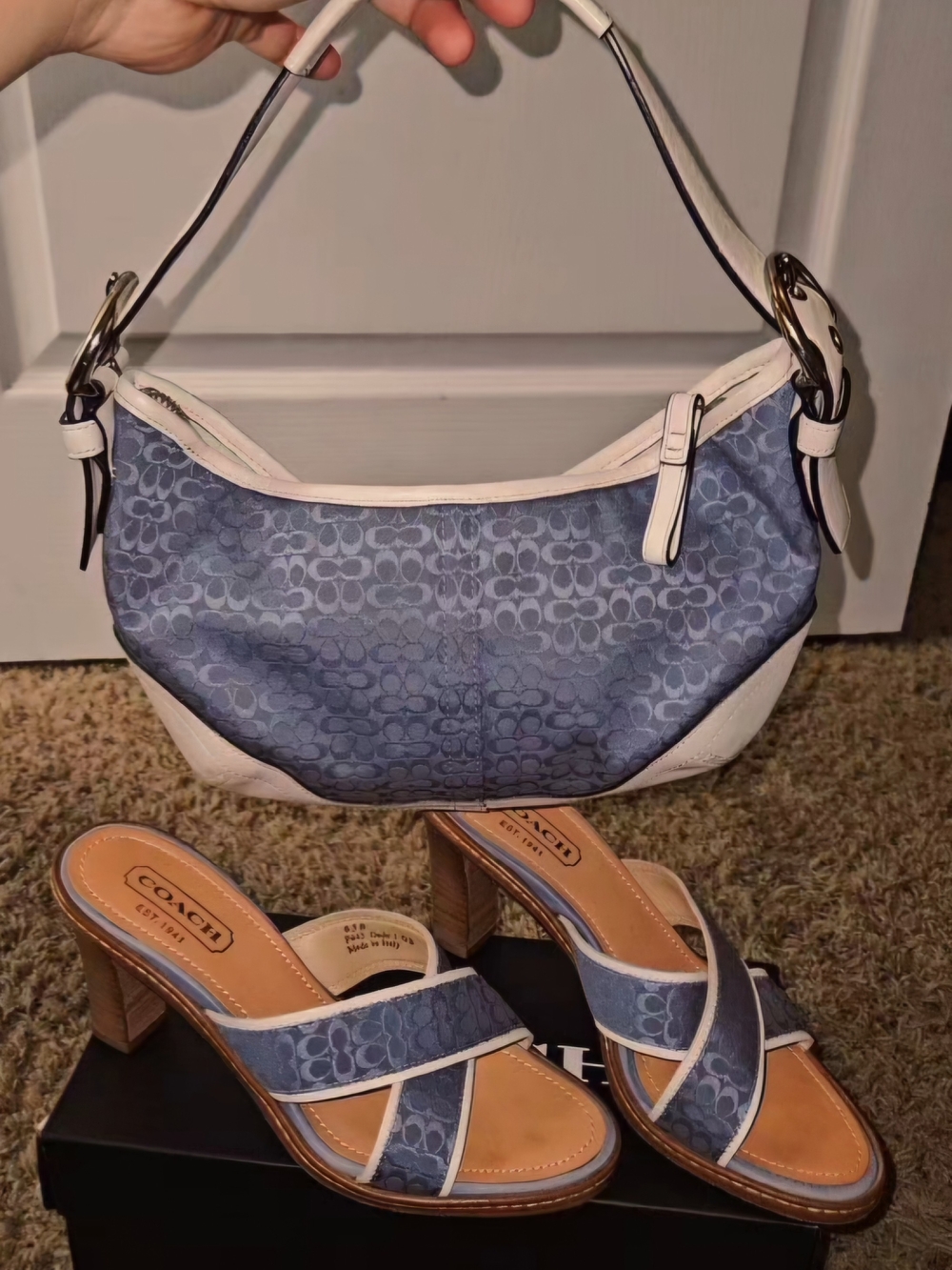 Coach Blue and White Monogram Bag with Matching Heeled Sandals